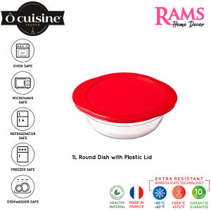 Ocuisine 1L / 2.3L Borosilicate Glass Round Dish with Plastic Lid / Heat Resistance / Borosilicate Glass / Ovenware / Microwave Safe / Food Container / Container / Transparent / Bekas Simpan Makanan - 20cm / 26cm
