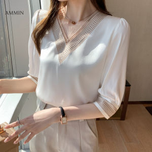 AMMIN 2021 spring new mid-sleeve white chiffon shirt fashion embroidery hollow stitching V-neck short-sleeved blouse tops