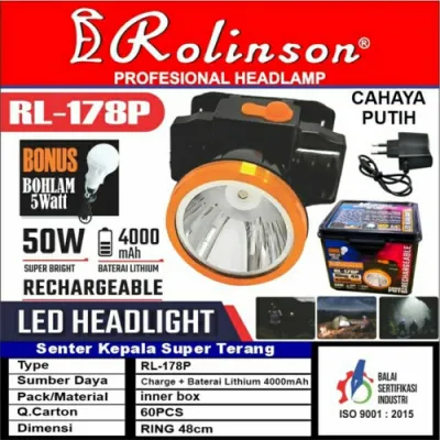 Senter Kepala LED 50 Watt Ring 46 Bonus Bohlam LED 5 Watt Cahaya Putih ROLINSON PROFESSIONAL HEADLAMP RL-178P SNI