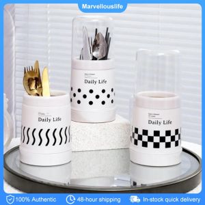 Cutlery Storage Holder Chopstick Spoon Fork Drain Drying Rack With Cover Dust-proof Tableware Bucket Kitchen Organizer