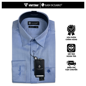 SAN SCIARO - Áo Sơ Mi Tay Dài Màu Xanh Dương Sọc Dọc Form Regular Lai Bầu Quà Tặng Nam Việt Tiến
