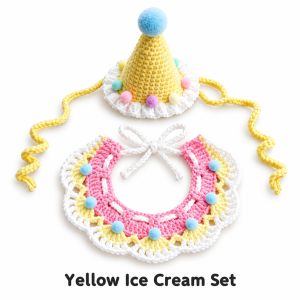Pet Birthday Hat Collar Set Crochet Cat Dog Birthday Outfit Cute Ice Cream Party Costume Photo Props 5 Colors
