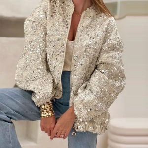 Casual Sequined Women Jacket Long Sleeve O-neck Zippers Pocket Pleated Solid Female Coat Street 2025 Autumn Lady Outwears New