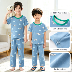 AILEBE Kids Pajamas Cotton Short Sleeve Sleepwear Set Soft Breathable Gentle On Sensitive Skin Durable Stitching Easy Care Cute Prints Pambahay Pantulog For Baby Boys Girls 0-10 Years