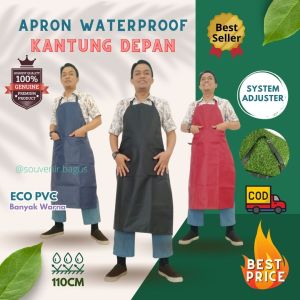 Apron Celemek masak anti air kantung depan pvc buat jualan ayam ikan cuci piring cuci motor mobil bidan hitam
