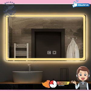 LED mirror with touch on off anti fog defog time temperature display vertical horizontal wall hang bathroom makeup