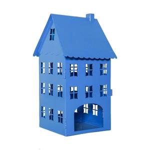 Artistic Metal Hollowout Ice House Shape Blue Finish Tealight Holder Lanterns for Farmhouses Tabletop Display