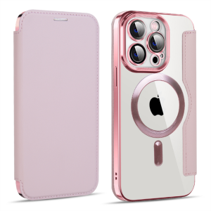 Leather Flip Wallet Magnetic Phone Cases For iPhone 14 13 12 11 15 Pro Max 14 15 Plus MagSafe Case Card Slots Plating Clear Back Cover With Lens Protective Film