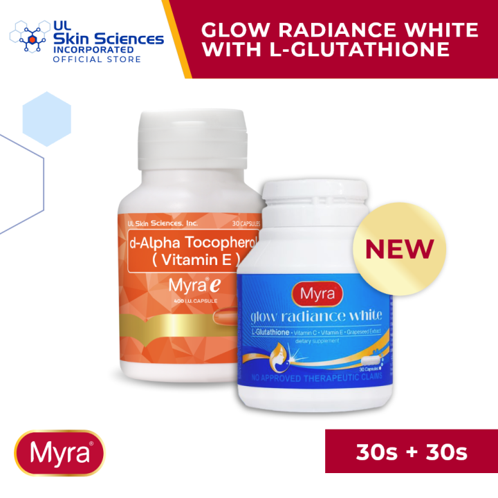 Myra Glow Radiance White with L-Glutathione 30s Bottle + Myra E 400 I.U.  30s Bottle Bundle