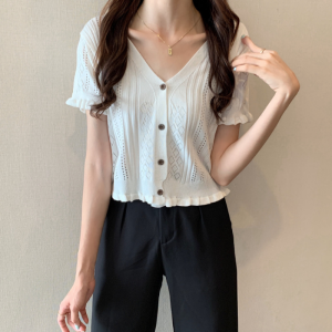 SIS Women T-shirt Summer Vintage V Neck Short Sleeved Top Knitted Sweater