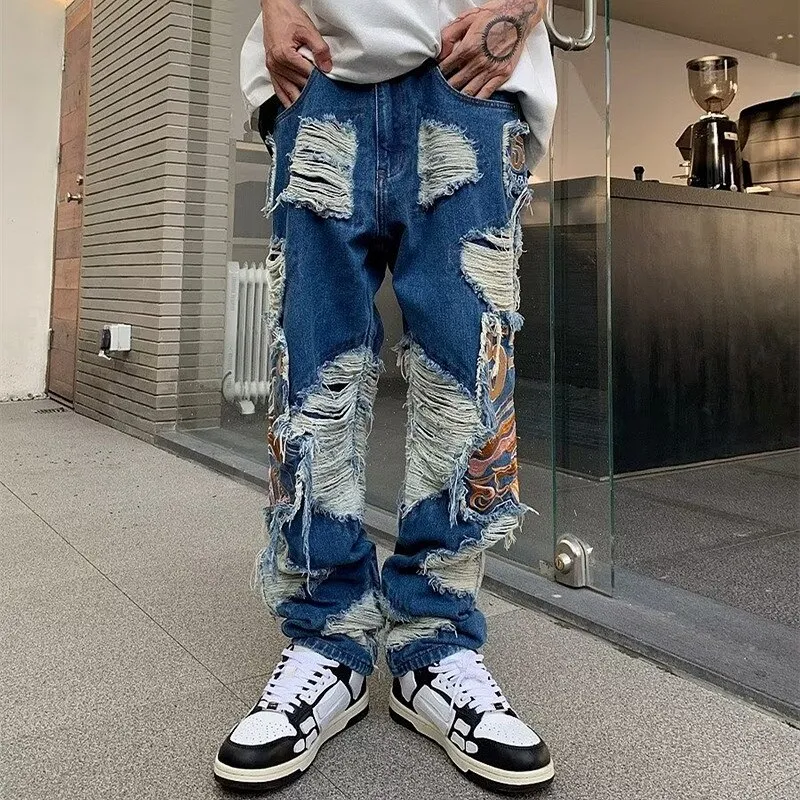 Y2k Loose Fit Ripped Baggy Jeans Men's Casual Street Style - Temu