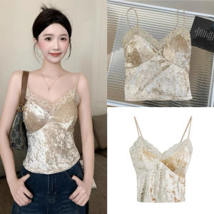 Rosieพร้อมส่ง🎊🐰เสื้อกล้ามลูกไม้ผ้ากำมะหยี่ เสื้อสายเดี่ยวผู้หญิงพร้อมฟองน้ำ ดูแพงงานสวย ทรงรัดรูปเซ็กซี่ สไตล์ฝรั่งเศส