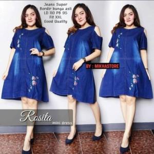 Dress Sabrina Jeans Rosita Bordir Lengan Pendek Baju Wanita Terbaru - Dress Mini Jeans Murah