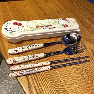 Sanrio Hello Kitty Kitchen Tableware Stainless Steel Chopsticks Spoon Fork Student Office Portable Dinnerware Set Birthday Gifts