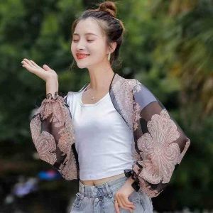 Selendang perlindungan matahari bersepeda pantai syal sutra wanita sifon cetak bunga kacang mete pesanan selendang mutiara