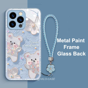 Ốp iPhone 14 Pro Max 15Pro 13Pro 12Pro Kim Loại Sơn Khung Kính Lỏng Tấm Ốp Ốp điện thoại Với dây đeo tay Iphone11Promax XS 【Tranh Sơn Dầu Gấu 】