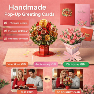 Handmade Threedimensional Bouquet Greeting Card Unique Valentines Day Greeting Card With 3D Floral Design3D手工花束贺卡