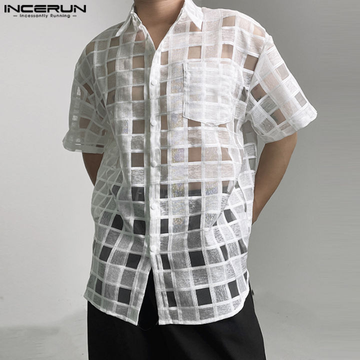 [Perfectly] INCERUN Men's Holiday Beach Plaid Check Print Short Sleeve  Shirt Button Up See Through Top (Korean Style)#250220
