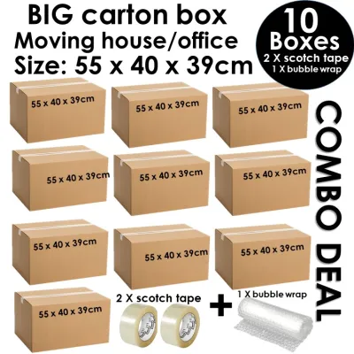 10pcs carton box for moving house size Large: 55 x 40 x 39cm + scotch tape + bubble wrap