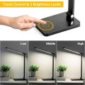 LED desk lamp for Home Office, 3 levels dimmable desk light with USB charging port, small study lamp, reading light for table, black, 5000K. 