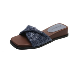 Square-Toed Resort-Style Wedge Sandals For Women Summer Outdoor Wear Vintage Woven Thick-Soled Slip-On Sandals For Women To Pair With Dresses