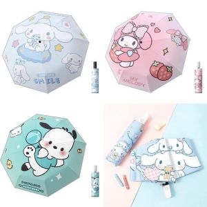 Kawaii Sanrio Melody Umbrella Cartoon Anime Kuromi Cinnamoroll Pochacco Sunny and Rainy Dual Use Folding Black Coating Bumper Fabric Umbrella Gift for Children and Girls