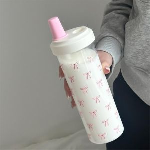 WLVYH Bowknot Straw Cup Large Capacity 500ml Cup With Lid Straw Drinkware Plastic Water Bottle Juice Milk