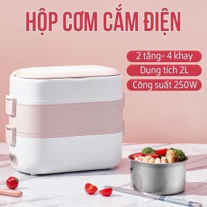 [ Free Ship ] Hộp cơm cắm điện văn phòng 2 tầng giữ nhiệt 4 khay thức ăn Hộp com hâm nóng tự nấu chín hâm nóng đồ ăn ruột inox Cooking LunchBox Hàng chính hãng. GấuMẹ Store