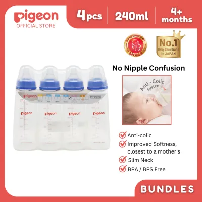 Pigeon Official - PP Slim Neck Standard Feeding Blue Bottle Medium Flow 240ml 4+ Months Pack of 4 Anti Colic No Nipple Confusion BPA Free Soft Flexible Nipples Japan No. 1 Brand