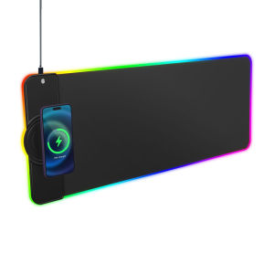 XXL RGB Gaming Mouse Pad Built In 15W Fast Wireless Charger 10 Color Light Modes Large Computer Keyboard Desk Mat Touch Control Waterproof Anti Slip 800x300mm Black