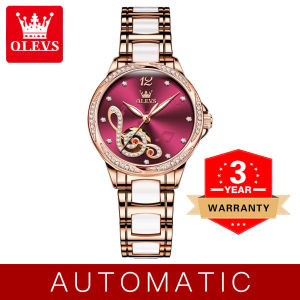 OLEVS Luxury Watch for Women Automatic Original Waterproof 2022 Sale Elegant Ceramic Steel Hollow Mucical Notes Regal Watch
