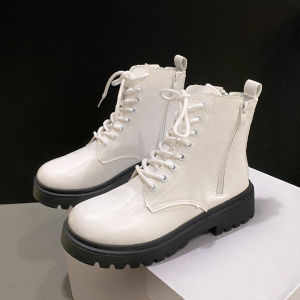 Large Size British Style Martin Boots 2025 New autumn and winter white womens shoes with chunky heels round toe and lace-up boots