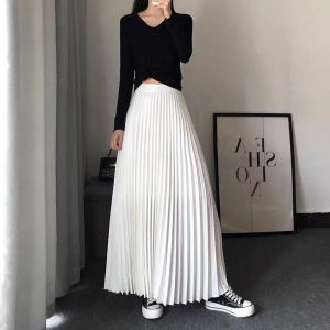 Women Solid Satin Pleated Long Skirt Smooth Loose Long Pleated Skirts High Waist Elastic Slim Long Skirts Plus Size