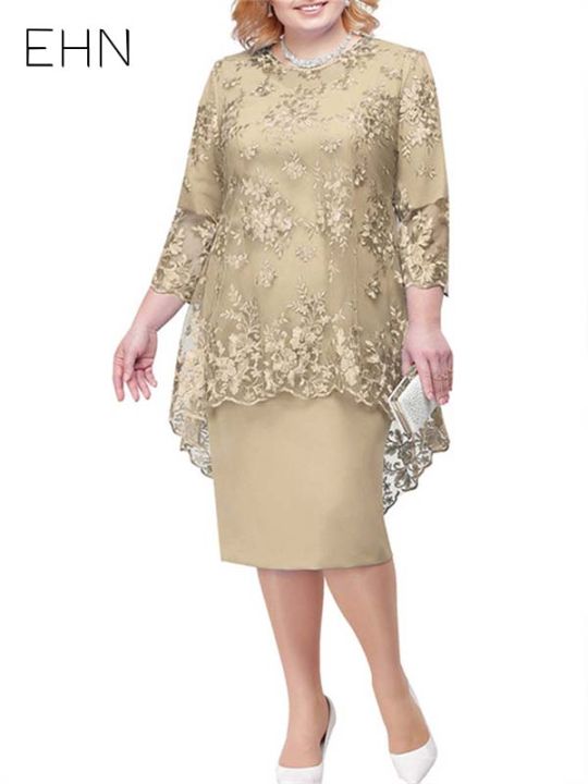 EHN Plus Size Formal Dress for Women Embroidery Lace 3/4 Sleeve Lady Evening  Dress for Wedding