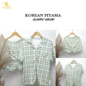Set Piyama Katun Import Motif Kotak-Cetak Hijau Ukuran S/M/L/XL