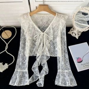 NOER Flared Sleeve Lace Cardigan V-Neck Ruffle Edge Sun Protection Cardigan Korean Fashion Hollow Out Sun-proof Shirt Spring Summer Wear