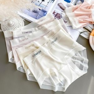 REEBO Ruffle Summer Ice Silk Panties Letter Printed Thin Seamless Ice Silk Briefs Sweet Underwear Womens See Through Underpants Women