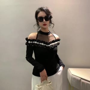 Ammin 2024 mùa xuân ban đầu đơn giản cổ tròn thời trang holloway khâu lưới thiết kế ngọt ngào đính cườm peplum T-Shirt người phụ nữ phong cách Hàn Quốc thời trang tay áo dài lệch vai giản dị thoải mái Áo Blouse thanh lịch