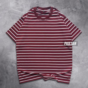 Kaos stripe medium maroon garis putih kaos salur belang polos distro pria dan wanita