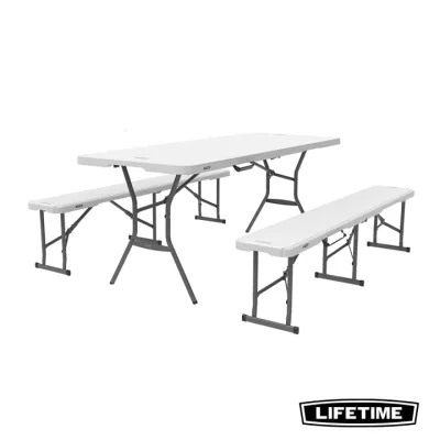 Lifetime USA 6 FT White Fold-In-Half Table and Bench Set- Durable Compact Easy Assembly Versatile!