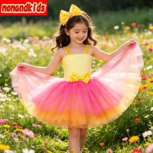 11.11 Bright Yellow Three-layer Mesh Tutu Gown with Cute Cartoon Doll Print Fancy Cosplay Costume for Birthday Galas and Halloween h2610