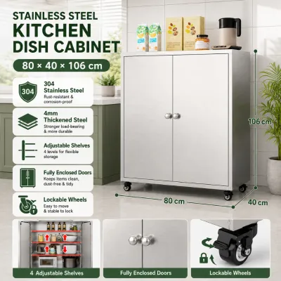 NINI Stainless Steel Pantry Storage Cabinet Large Capacity Double Door Cupboard Kitchen Sideboard Cabinet with Wheels for Home Dining Room