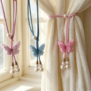 HUNIU 2PCS Adjustable Butterfly Curtain Tie Strap Decorative Creative Pearl Curtain Buckle Curtain Accessory Artificial Pearl Curtain Tie Back Room
