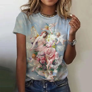 [Local Stock] ZEEMIN Summer Angel Flower 3D Print T-shirts Women Streetwear Casual Fashion Y2k Short Sleeve T Shirt O-neck Kids Tees Tops Clothing