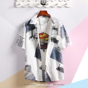 MPJ Printed short-sleeved shirt for men loose trendy men ice silk half-sleeved shirt