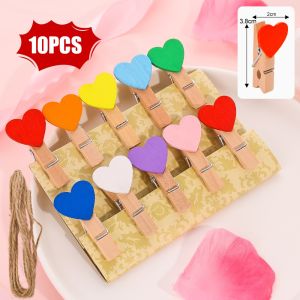 10Pcs/Set Wooden Colored Love Heart Photo Clip Memo Paper DIY Photo Clips for Valentines Day Wedding Birthday Party Decoration