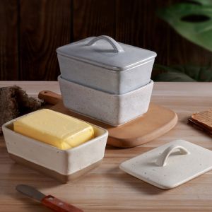 KEND with Lid Vintage Ceramic Butter Box Rectangular Anti-odor Butter Plate Creative Nordic Style Cheese Storage Box Fridge
