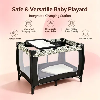 Baby Bedside Bassinet Sleeper5-in-1 Pack and Play with Full-Size BassinetBaby Crib with Mosquito NetStorage ShelfMusic Mobile And Changing Table for Newborn to Toddlers