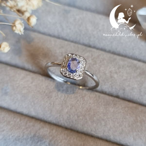 Adjustable Tanzanite Oval Cut with Double Halo Cubic Zirconia in s925 (Sterling Silver) Ring