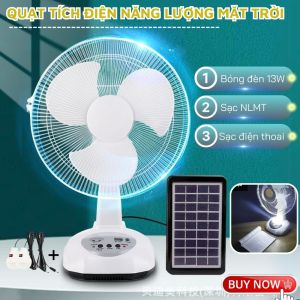 [Dùng 8 - 10h] Quạt Tích Điện Năng Lượng Mặt Trời 3 Chế Độ Gió Tặng 2 Bóng Đèn Quạt Tích Điện Tích Hợp Đèn Kiêm Sạc Dự Phòng -